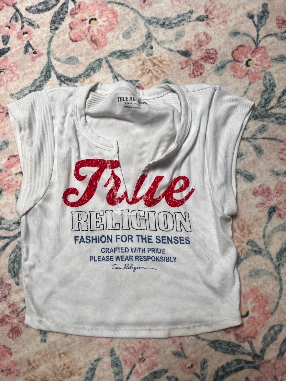 True Religion White Crop Tank with Red & Blue Logo